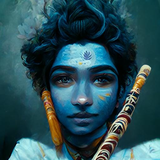 whole body potrait, blue skin, godly, peakcock feather on hair, krishna, playing flute, ultra realistic, vivid