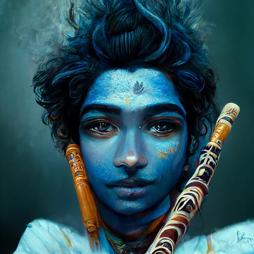 whole body potrait, blue skin, godly, peakcock feather on hair, krishna, playing flute, ultra realistic, vivid --upbeta