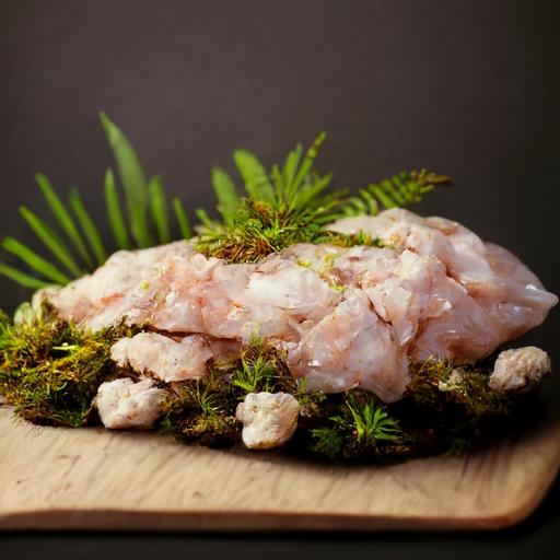 whole raw chicken, raw seafood, chopping board, ferns, nestled in forest, photo realistic