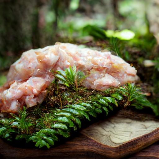 whole raw chicken, raw seafood, chopping board, ferns, nestled in forest, photo realistic