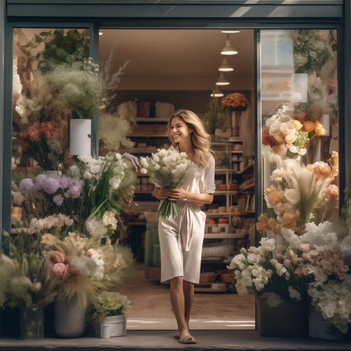 wholesome floral shop with a happy woman customer walking through the front door looking amazed at all the flowers in the store while carrying a cup of iced coffee