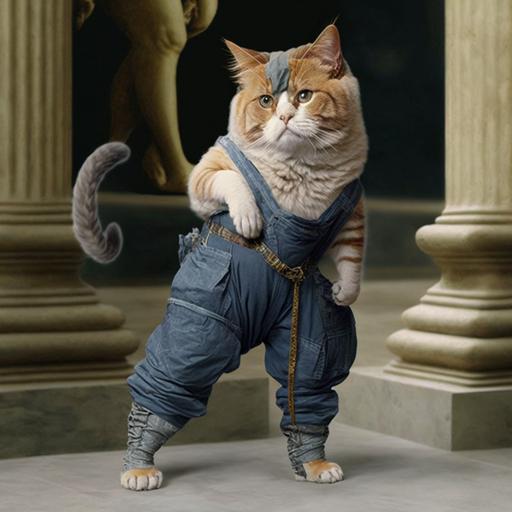 why is my cat wearing mc hammer pants? is a sideways catwalk the fashion now?