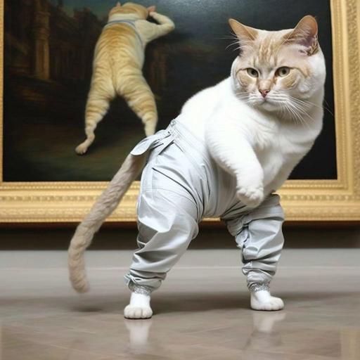 why is my cat wearing mc hammer pants? is a sideways catwalk the fashion now?