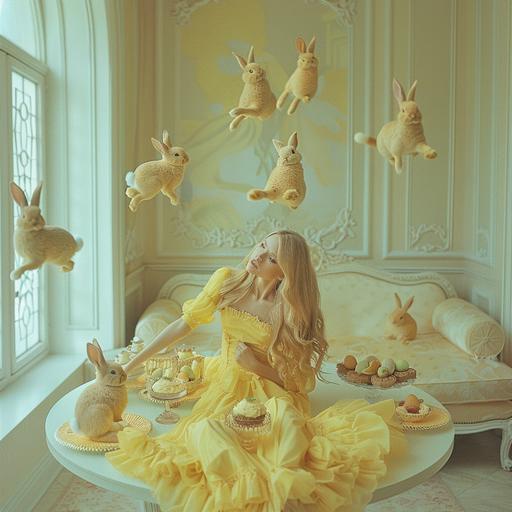 wide angel atmospheric photo: 10 small rabbits floating in the air above an elegant yellow office interior, with huge window, soft lightening, round white table with Easter pastel colourful eggs, Ukrainian traditional easter bread, cupcakes pastel colours. its looks like what appears to be a high-fashion of luxury brand campaing. 2 models 25 years old with blond air touch long hair had fashion aestetic. The models dressed the same light yellow dresses Gucci and Louise Vuitton mixed styles and Manolo Blahnik yellow shoes are sitting at the yellow small floral bench the bed. giving a dreamy feel, family celebrating atmosphere. without flowers at the ceiling, flowers only at the table