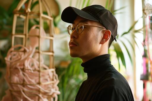 wide angle portrait of an asian young man in a baseball cap and glasses standing in an art studio, seen in side view. he is wearing a black turtleneck jumper and has a contemplative demeanor. he is looking to a distant rattan sculpture of a large woman in the style of the venus of willendorf covered in pink gold and white ribbons. there are green plants in the background. Color photography shot on kodak portra --ar 3:2 --v 6.0