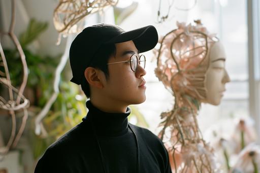 wide angle portrait of an asian young man in a baseball cap and glasses standing in an art studio, seen in side view. he is wearing a black turtleneck jumper and has a contemplative demeanor. he is looking to a distant rattan sculpture of a large woman in the style of the venus of willendorf covered in pink gold and white ribbons. there are green plants in the background. Color photography shot on kodak portra --ar 3:2 --v 6.0