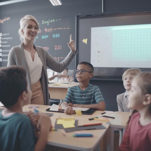 wide angle shot, female teacher, age 38, standing in front of her class, teaching kids on a digital board, self confident, enthusiastic, motivated, kids are happy, modern class enviroment, new techologies, no apple, strong colours, bright room, photography, ultra realistic, 4k, --v 5