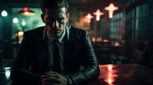 wide-angle shot of a dark seedy bar, a detective with his back to the camera drinks bourbon, whiskey glass, his face is bruised and cut, noir aesthetic, murder mystery vib --ar 16:9 --s 500 --c 10