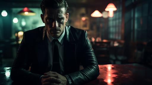 wide-angle shot of a dark seedy bar, a detective with his back to the camera drinks bourbon, whiskey glass, his face is bruised and cut, heavy shadows, noir aesthetic, murder mystery vib --s 500 --c 10 --ar 16:9