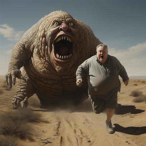 wide angle view, dutch angle, screenshot of the fat man running away from an female, crazy AI, Dark Future 1980s - cinematic, high definition oil painting, painted by Chris van Allsburg, surreal comedy, surreal minimalism, photograph, realistic, detailed, photorealistic, stunning, 8k, insanely detailed, film grain, influenced by Blade Runner --q 2 --s 750