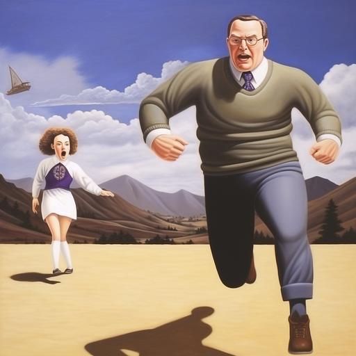 wide angle view, dutch angle, screenshot of the fat man running away from an female, crazy Artificial Intelligence, Dark Future 1980s - cinematic, high definition oil painting, painted by Chris van Allsburg, surreal comedy, surreal minimalism, photograph, realistic, detailed, photorealistic, stunning, 8k, insanely detailed, film grain, influenced by Blade Runner --c 30 --weird 750 --q 2 --s 750