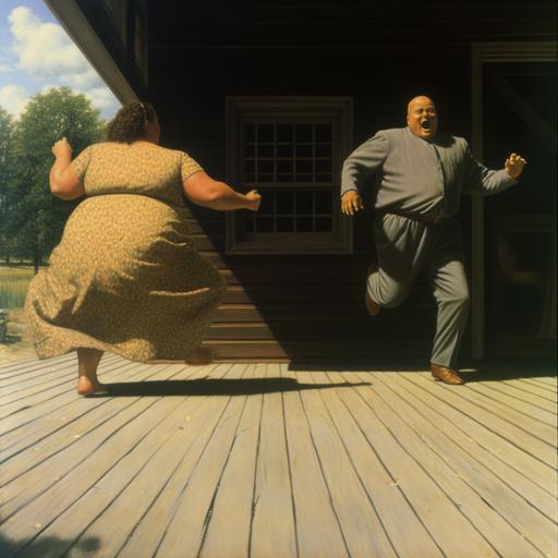 wide angle view, dutch angle, screenshot of the fat man running away from an female, crazy Artificial Intelligence, Dark Future 1980s - cinematic, high definition oil painting, painted by Chris van Allsburg, surreal comedy, surreal minimalism, photograph, realistic, detailed, photorealistic, stunning, 8k, insanely detailed, film grain, influenced by Blade Runner --c 30 --weird 750 --q 2 --s 750