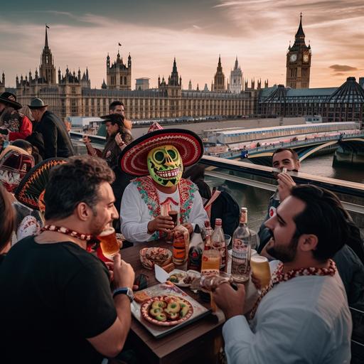 wide angle view of a lively Mexican party with a group of at least 20 people in their 20s to 40s on a roof top bar at sunset in London overlooking big ben and the London eye, featuring bullfighters, alcohol consumption, mariachi bands, sombreros and awesome moustaches.