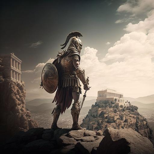 wide angle, warrior wearing greek hoplite armor, spear in his hand, standing at the edge of the cliff, looking at the greek architecture style city