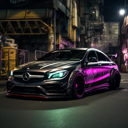 wide body, cla 2015 45, modified joker theme, black and purple, with spoiler and bumbs , rgb lights under car