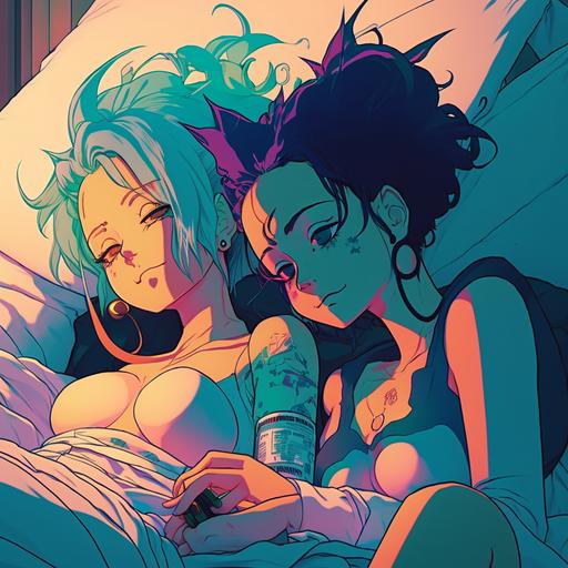 wide full body Two anime girls, laying back in bed, full shiny body,hotel room, neon accents, kissing, looking in eyes, black and blue hair,curvaceous skinny, cartoon, anime, Art germ, 80s style