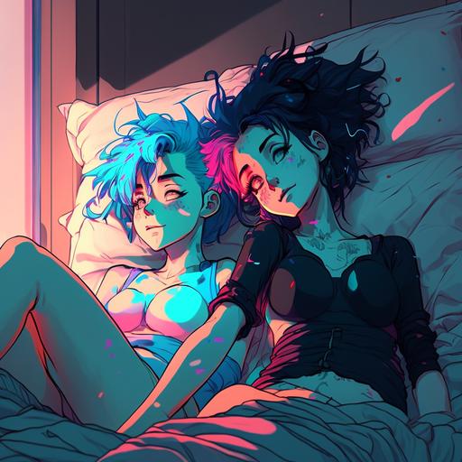 wide full body Two anime girls, laying back in bed, full shiny body,hotel room, neon accents, kissing, looking in eyes, black and blue hair,curvaceous skinny, cartoon, anime, Art germ, 80s style