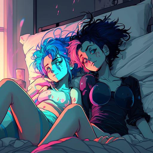 wide full body Two anime girls, laying back in bed, full shiny body,hotel room, neon accents, kissing, looking in eyes, black and blue hair,curvaceous skinny, cartoon, anime, Art germ, 80s style