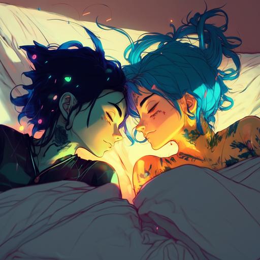 wide full body Two anime girls, laying back in bed, full shiny body,hotel room, neon accents, kissing, looking in eyes, black and blue hair,curvaceous skinny, cartoon, anime, Art germ, 80s style