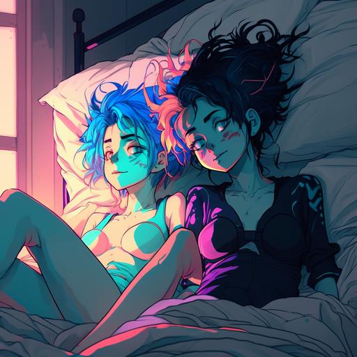 wide full body Two anime girls, laying back in bed, full shiny body,hotel room, neon accents, kissing, looking in eyes, black and blue hair,curvaceous skinny, cartoon, anime, Art germ, 80s style