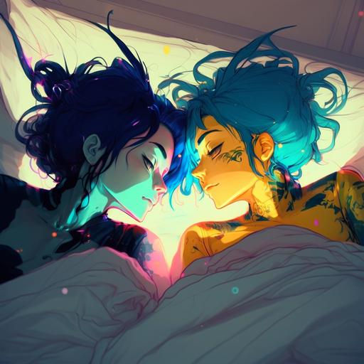 wide full body Two anime girls, laying back in bed, full shiny body,hotel room, neon accents, kissing, looking in eyes, black and blue hair,curvaceous skinny, cartoon, anime, Art germ, 80s style