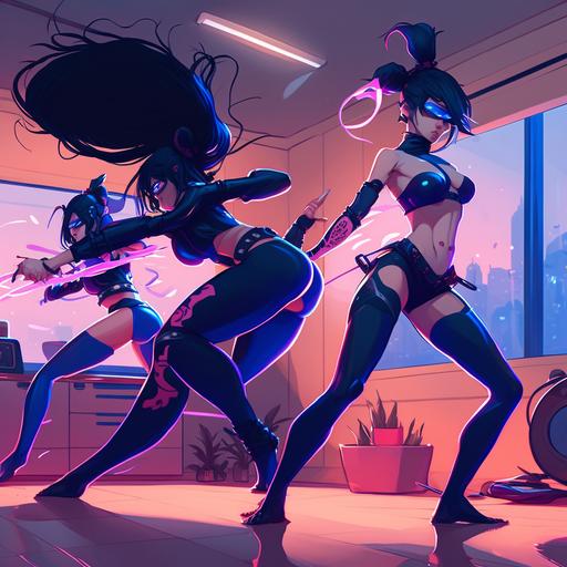 wide full body ninja girls, fighting full shiny body, hotel room, neon accents, black and blue hair, curvaceous skinny, cartoon, anime, Art germ, dancers wide angle yoga skinny curvaceous