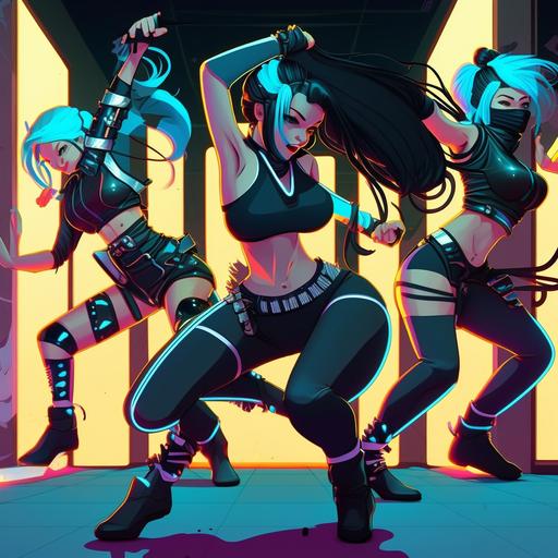 wide full body ninja martial arts ballot girls, fighting full shiny body, hotel room, neon accents, black and blue hair, curvaceous skinny, cartoon, anime, Art germ, dancers wide angle yoga skinny curvaceous cyber punk, Everette Hartsoe v5