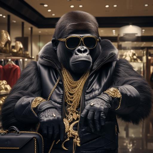 wide-nosed Gorilla wearing hip-hop clothing while he steals from the Louis Vuitton store