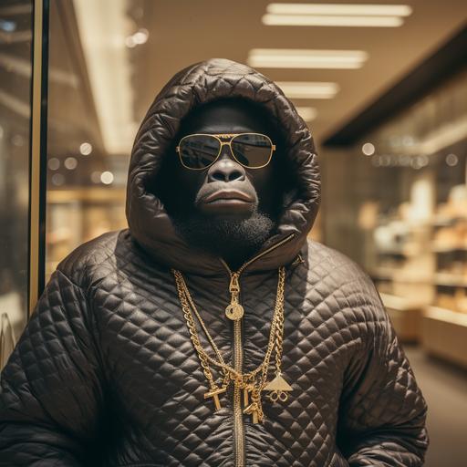 wide-nosed Gorilla wearing hip-hop clothing while he steals from the Louis Vuitton store