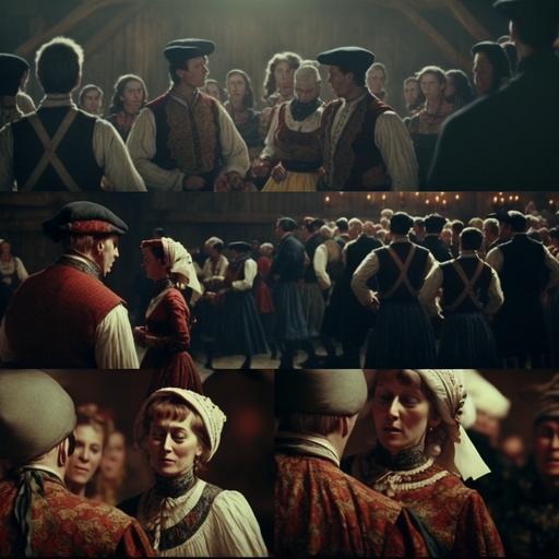wide shoot of polish 70. traditional village dance party in space, stills from kieślowski movie, polish traditional costumes, instruments, folklore