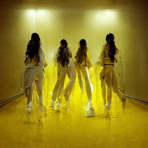 wide shot, grainy, photograph, kpop girl group performing dancing, light yellow textured wallpaper, liminal space, fluorescent tube, office lighting, brown carpet flooring