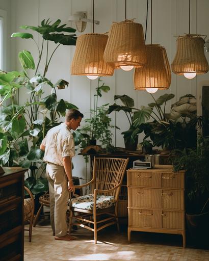 wide shot nicola tesla tending to a rattan furniture and lamp shade in his hawaiian home, by Alex Strohl, minimal male figures in bright hawaiian shirt --ar 4:5 --stylize 150 --v 5.2