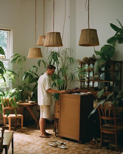 wide shot nicola tesla tending to a rattan furniture and lamp shade in his hawaiian home, by Alex Strohl, minimal male figures in bright hawaiian shirt --ar 4:5 --stylize 150 --v 5.2