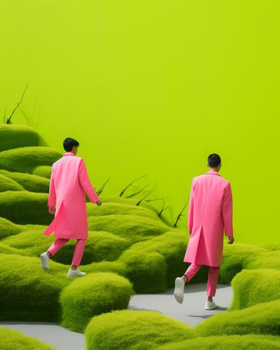 wide shot of Japanese men in sartorial neon color summer coats running passed huge minimalist exotic sartorial fabric garden by elsa bleda, minimal figures --ar 4:5 --stylize 50 --v 5.2