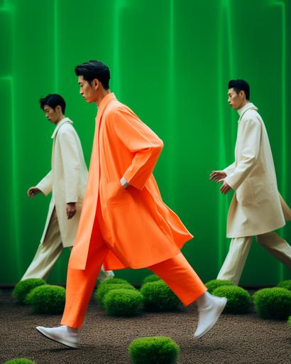 wide shot of Japanese men in sartorial neon color summer coats running passed huge minimalist exotic sartorial fabric garden by elsa bleda, minimal figures --ar 4:5 --stylize 50 --v 5.2