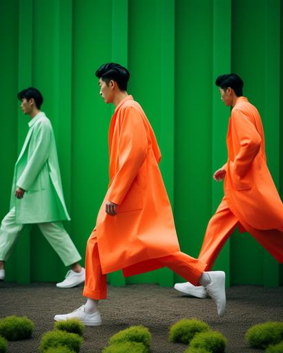 wide shot of Japanese men in sartorial neon color summer coats running passed huge minimalist exotic sartorial fabric garden by elsa bleda, minimal figures --ar 4:5 --stylize 50 --v 5.2