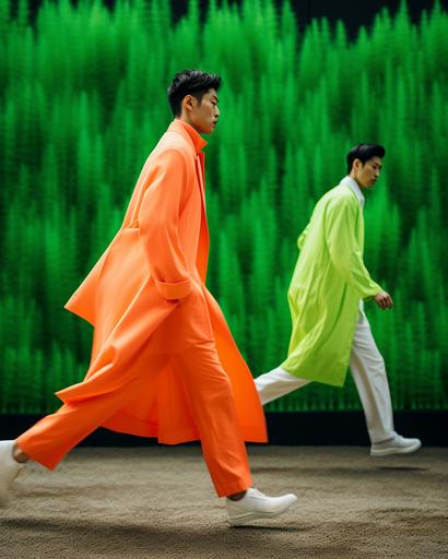 wide shot of Japanese men in sartorial neon color summer coats running passed huge minimalist exotic sartorial fabric garden by elsa bleda, minimal figures --ar 4:5 --stylize 50 --v 5.2