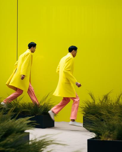 wide shot of Japanese men in sartorial neon color summer coats running passed huge minimalist exotic sartorial fabric garden by elsa bleda, minimal figures --ar 4:5 --stylize 50 --v 5.2