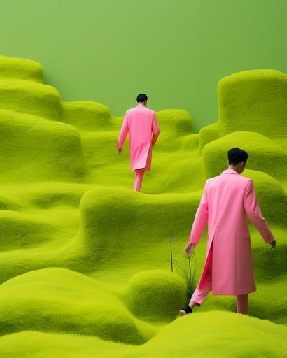 wide shot of Japanese men in sartorial neon color summer coats running passed huge minimalist exotic sartorial fabric garden by elsa bleda, minimal figures --ar 4:5 --stylize 50 --v 5.2