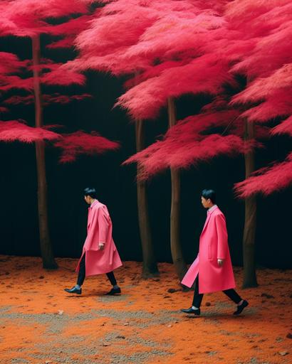 wide shot of Japanese men in sartorial neon color summer coats running passed huge minimalist exotic sartorial fabric garden by elsa bleda, minimal figures --ar 4:5 --stylize 50 --v 5.2