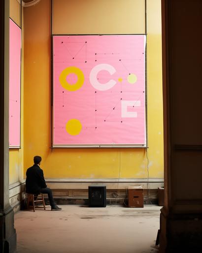 wide shot of a art collector tending to his impressive huge neon pink and yellow sumi-e paintings of crop circles, squares and triangles, in his Budapest apartment, by Alex Strohl, minimal male figures --ar 4:5 --stylize 150 --v 5.2