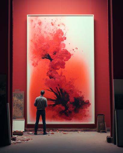wide shot of a art collector tending to his impressive huge neon red colors sumi-e paintings of metaphorical peacock as viewed through an electron microscope lens, in his Florence apartment, by Alex Strohl, minimal male figure in suit --stylize 180 --v 5.2 --ar 4:5