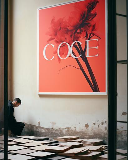 wide shot of a art collector tending to his impressive huge neon red colors sumi-e paintings of metaphorical magpie as viewed through an electron microscope lens, in his Florence apartment, by Alex Strohl, minimal male figure in suit --ar 4:5 --stylize 150