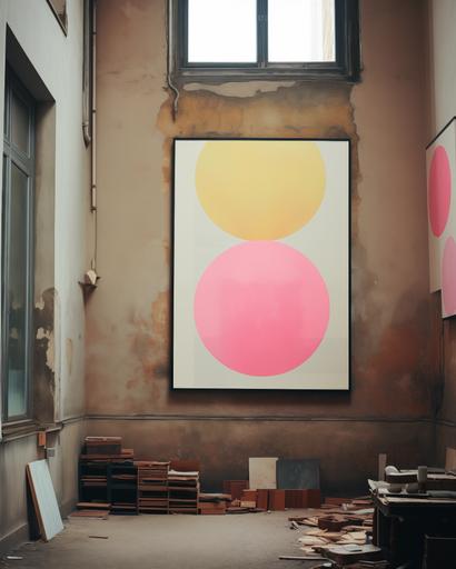 wide shot of a art collector tending to his impressive huge neon pink and yellow sumi-e paintings of crop circles, squares and triangles, in his Budapest apartment, by Alex Strohl, minimal male figures --stylize 150 --v 5.2 --ar 4:5