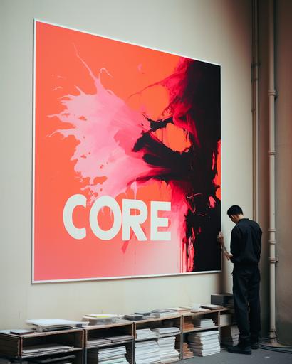 wide shot of a art collector tending to his impressive huge neon red colors sumi-e paintings of metaphorical magpie as viewed through an electron microscope lens, in his Florence apartment, by Alex Strohl, minimal male figure in suit --ar 4:5 --stylize 150