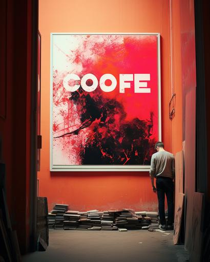 wide shot of a art collector tending to his impressive huge neon red colors sumi-e paintings of metaphorical peacock as viewed through an electron microscope lens, in his Florence apartment, by Alex Strohl, minimal male figure in suit --ar 4:5 --stylize 180