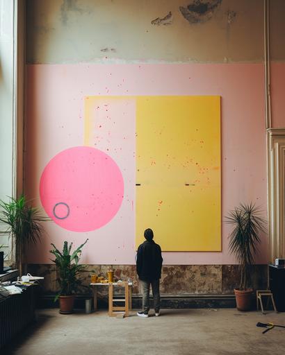 wide shot of a art collector tending to his impressive huge neon pink and yellow sumi-e paintings of crop circles, squares and triangles, in his Budapest apartment, by Alex Strohl, minimal male figures --ar 4:5 --stylize 150 --v 5.2