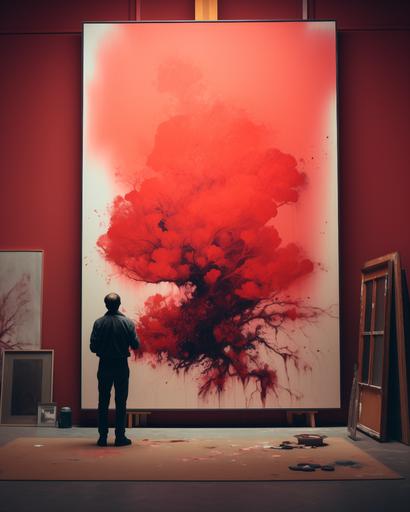 wide shot of a art collector tending to his impressive huge neon red colors sumi-e paintings of metaphorical peacock as viewed through an electron microscope lens, in his Florence apartment, by Alex Strohl, minimal male figure in suit --stylize 180 --v 5.2 --ar 4:5