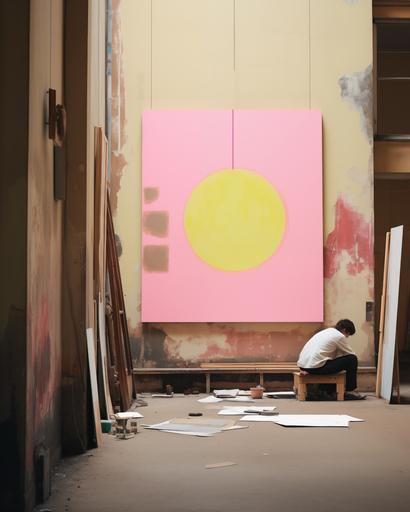 wide shot of a art collector tending to his impressive huge neon pink and yellow sumi-e paintings of crop circles, squares and triangles, in his Budapest apartment, by Alex Strohl, minimal male figures --stylize 150 --v 5.2 --ar 4:5