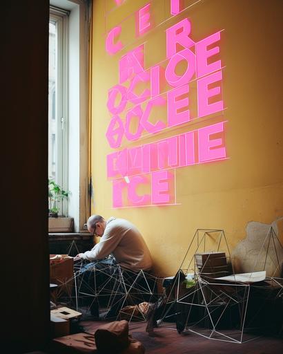 wide shot of a art collector tending to his impressive huge neon pink and yellow minimalist single line sketches of, squares and triangles objects, in his Budapest apartment, by Alex Strohl, minimal male figures --ar 4:5 --stylize 150 --v 5.2